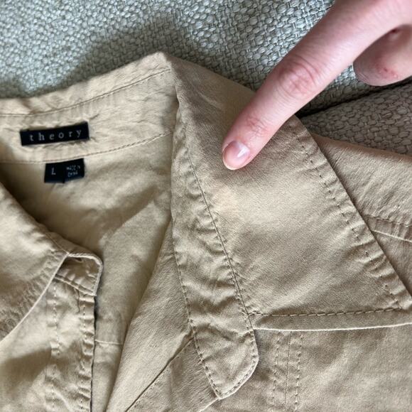 THEORY WOMENS SHORT SLEEVE BUTTON DOWN LINNEN SPANDEX KHAKI LARGE - Picture 6 of 6